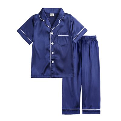 Ikevan Little Baby Girls Boys Pajamas Set Satin Silk Kids Short Sleeves Sleepwear 2 Piece Button Down Classic Loungewear Pants Little Girl Fuzzy Pajamas (Blue, 2-3 Years)
