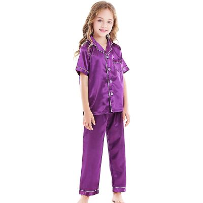 Ikevan Little Baby Girls Boys Pajamas Set Satin Silk Kids Short Sleeves Sleepwear 2 Piece Button Down Classic Loungewear Pants Little Girl Fuzzy Pajamas (Purple, 8-9 Years)