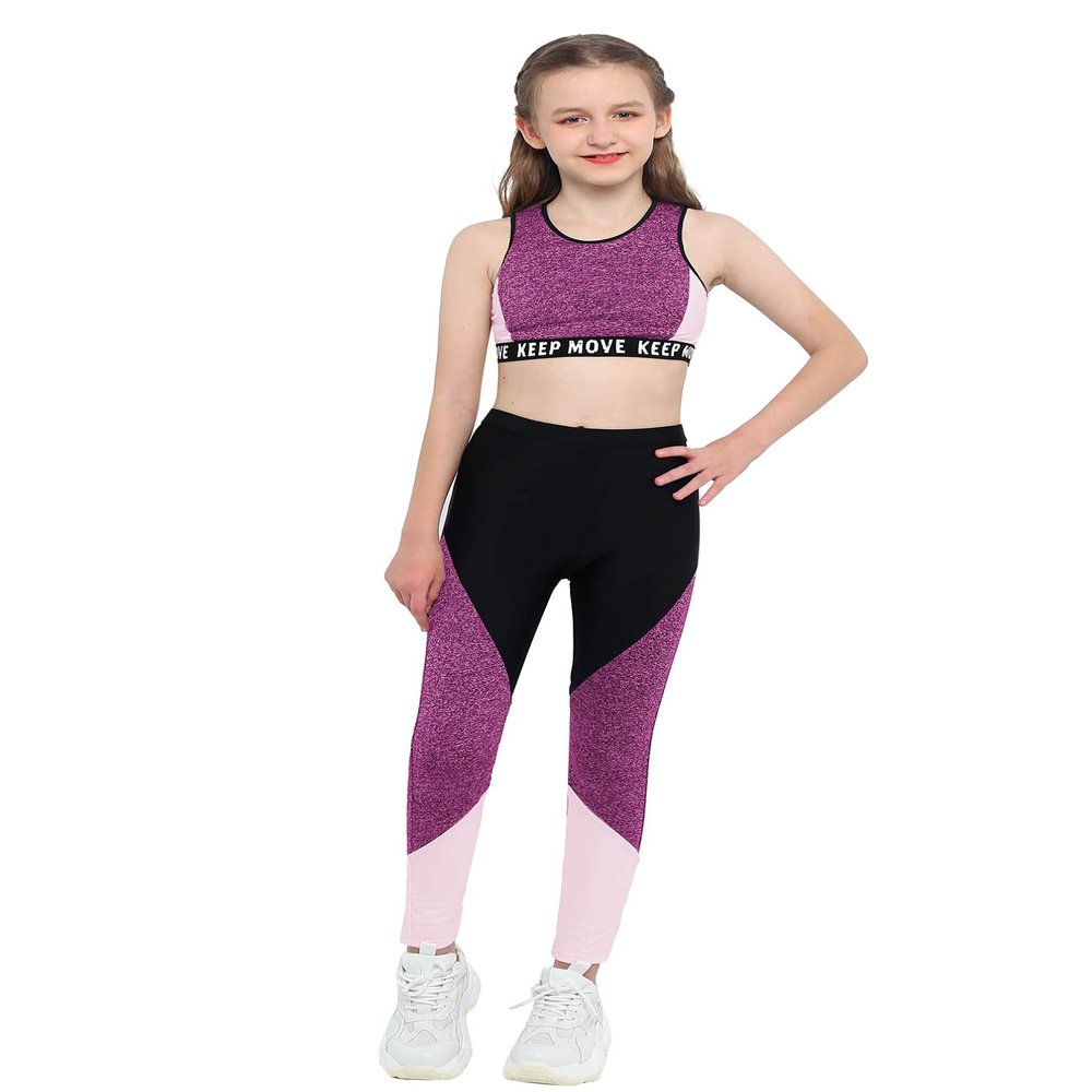 Fldy Kids Girls Athletic Leggings and Crop Tops Tracksuit Set Activewear 2 Piece Dance Sports Workout Outfits Pink Black 6 Years