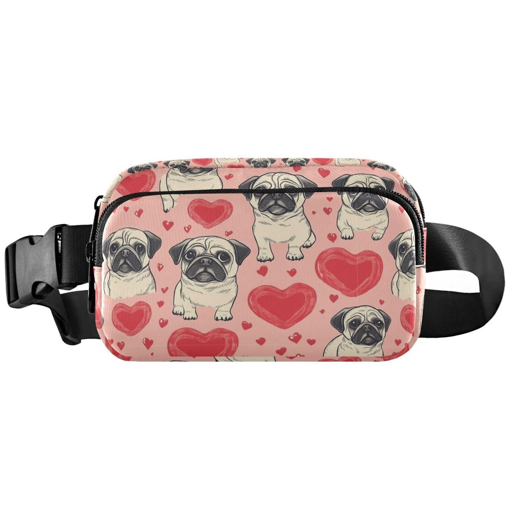 Pug Dog Heart Belt Bag for Women Men Puppy Animal Fanny Pack Small Waist Pouch Crossbody Bags for Outdoor Hiking Running Travel