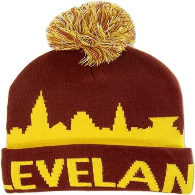 Adult Size Winter Knit Beanie Hat (Wine/Gold Skyline)