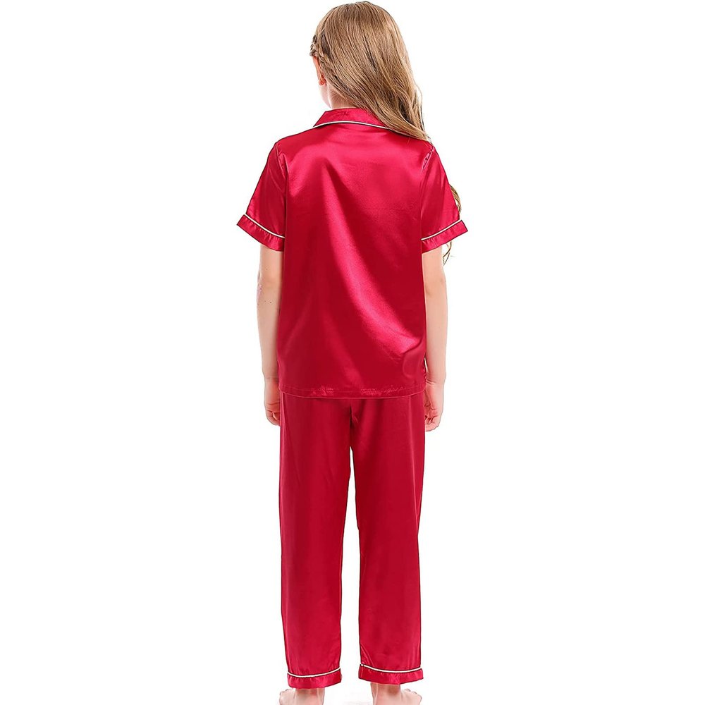 Ikevan Little Baby Girls Boys Pajamas Set Satin Silk Kids Short Sleeves Sleepwear 2 Piece Button Down Classic Loungewear Pants Little Girl Fuzzy Pajamas (Red, 10-11 Years)