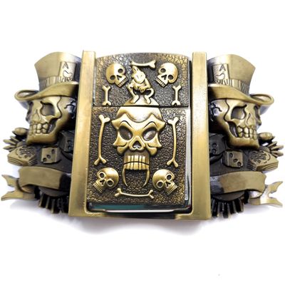 Jokers Lighter Belt Buckle Skull & Bones Bronze with Fanged Skull Lighter