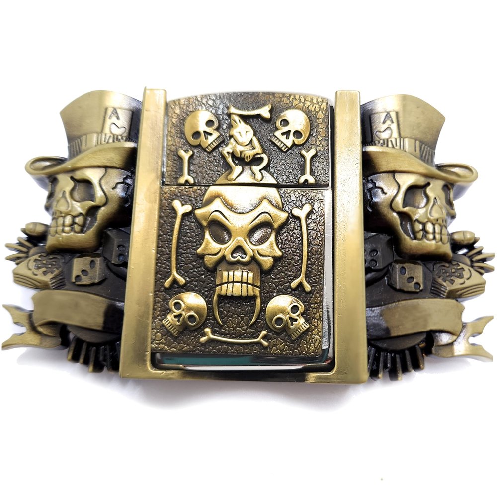 Jokers Lighter Belt Buckle Skull & Bones Bronze with Fanged Skull Lighter