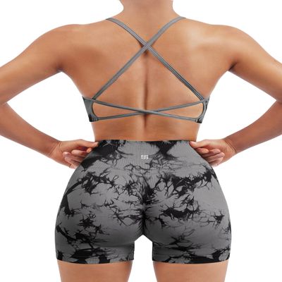 SUUKSESS Women Seamless 2 piece Workout Sets Strappy Padded Sports Bra Booty High Waisted Shorts Outfits (Black Grey,L)