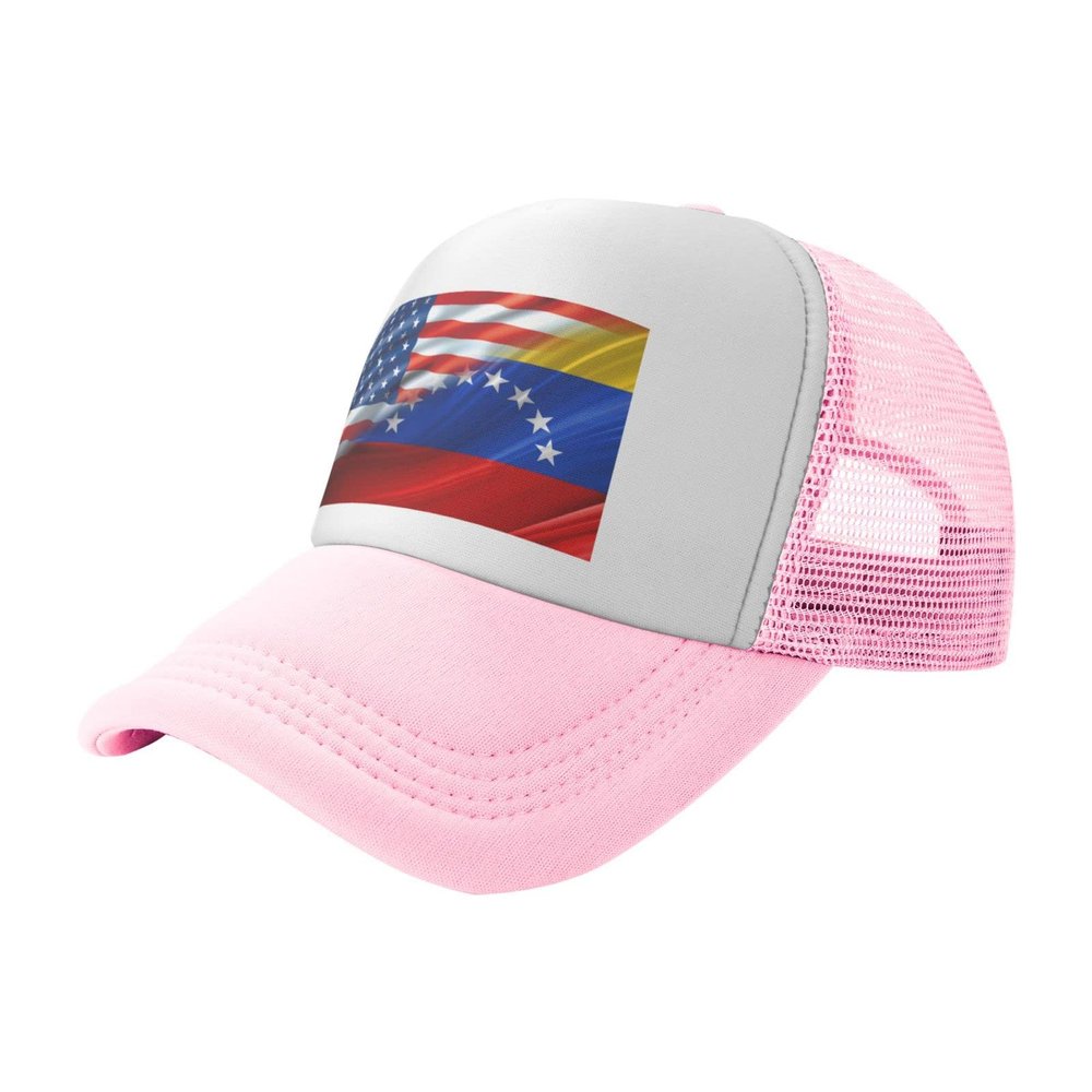 American Venezuela Combined Corrugated Flag Baseball Cap Trucker Hat for Men and Women Adjustable Outdoor Mesh Snapback Hat Pink