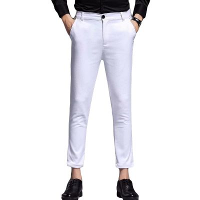 DGHM-JLMY Men's Slim Suit Pants Cropped Pants Stretch Cropped Chino Skinny Pants Slim-Fit Ankle Length Dress Pants (White,27)