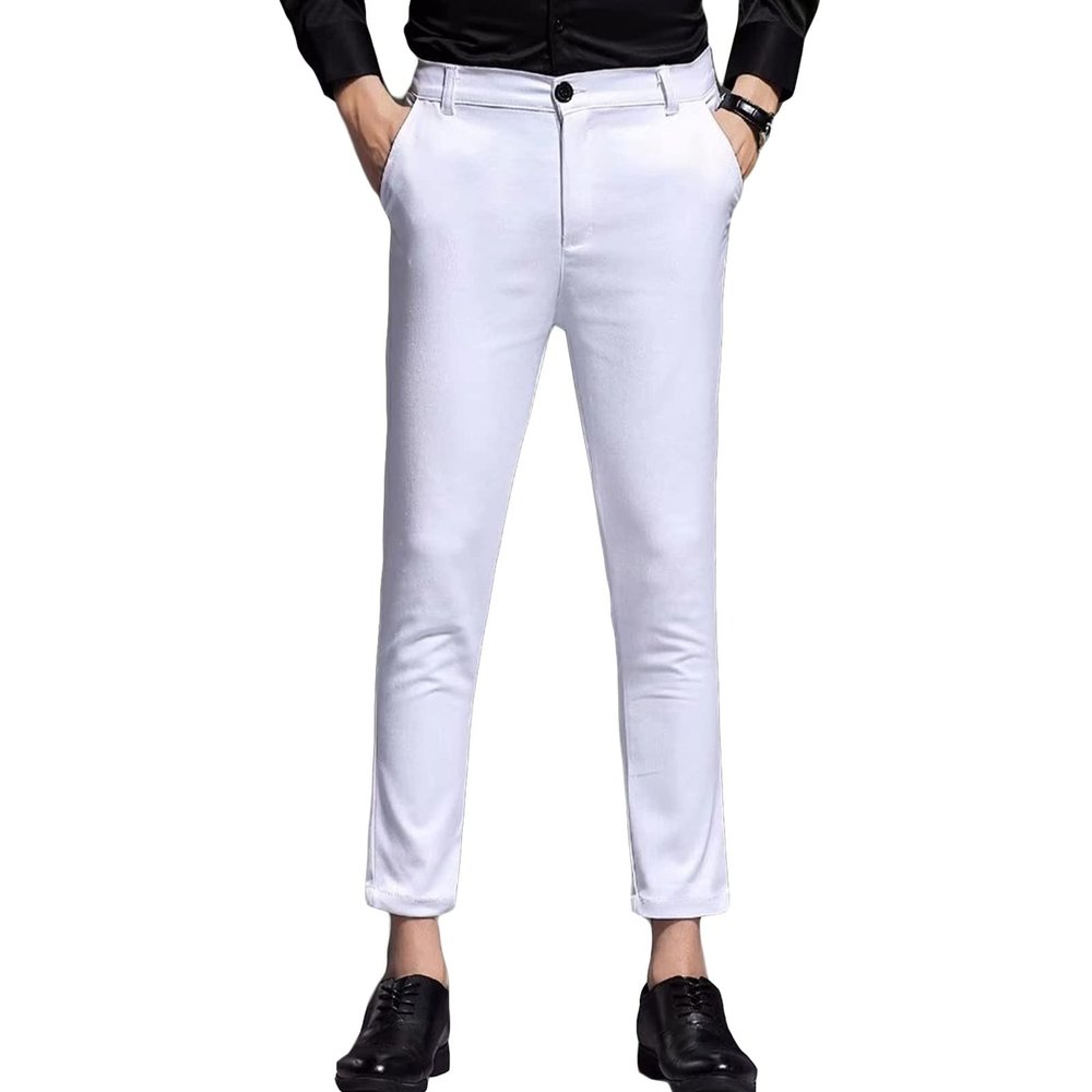 DGHM-JLMY Men's Slim Suit Pants Cropped Pants Stretch Cropped Chino Skinny Pants Slim-Fit Ankle Length Dress Pants (White,27)
