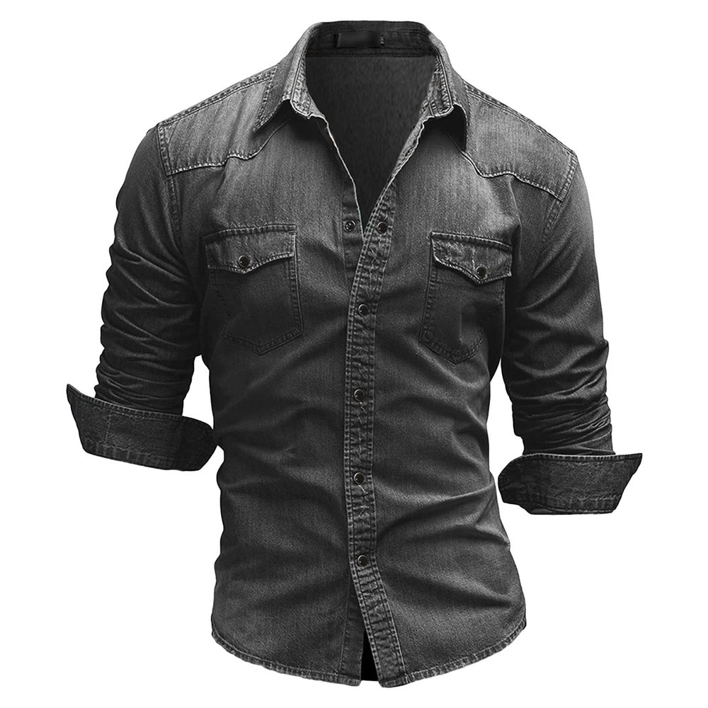 Maiyifu-GJ Men's Long Sleeve Denim Shirt Casual Button-Down Western Regular Fit Shirts Slim Fit Washed Jean Shirt (Light Grey,Large)