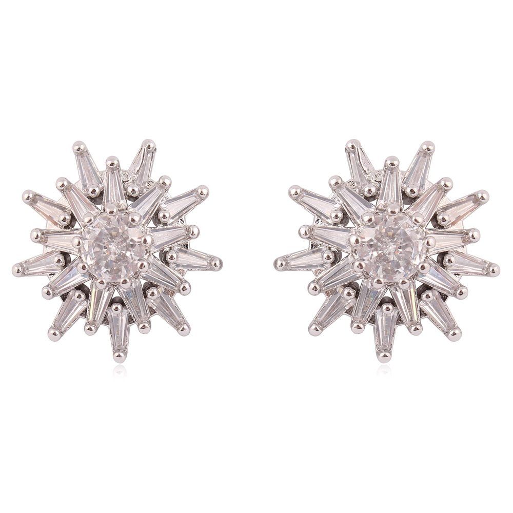 GRACE JUN 14K White Gold Plated CZ Clip On Stud Earrings Sparkling Cubic Zirconia Non Pierced Clip-Earrings For Women Ear Clip (Silver Clip-ons Earrings)