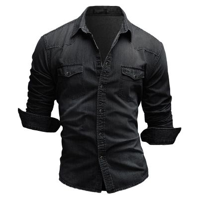 Maiyifu-GJ Men's Long Sleeve Denim Shirt Casual Button-Down Western Regular Fit Shirts Slim Fit Washed Jean Shirt (Black,3X-Large)