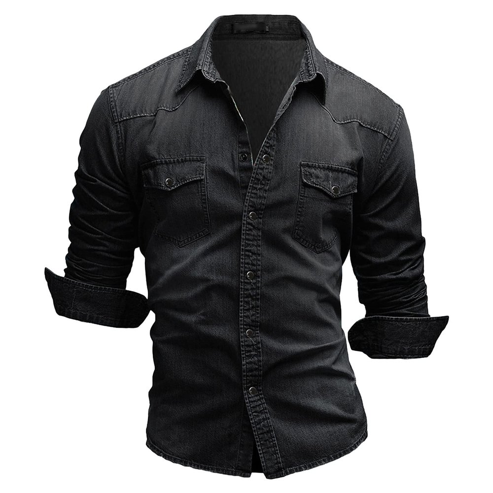 Maiyifu-GJ Men's Long Sleeve Denim Shirt Casual Button-Down Western Regular Fit Shirts Slim Fit Washed Jean Shirt (Black,3X-Large)