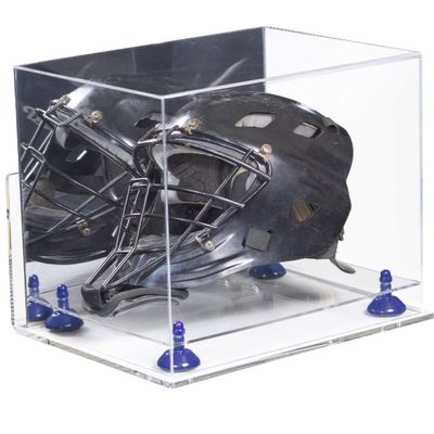 Better Display Cases Clear Acrylic Catchers Helmet Display Case with Mirror Case, Dark Blue Risers, Wall Mount and Clear Base 14.5" x 11" x 12" (V44/A002)