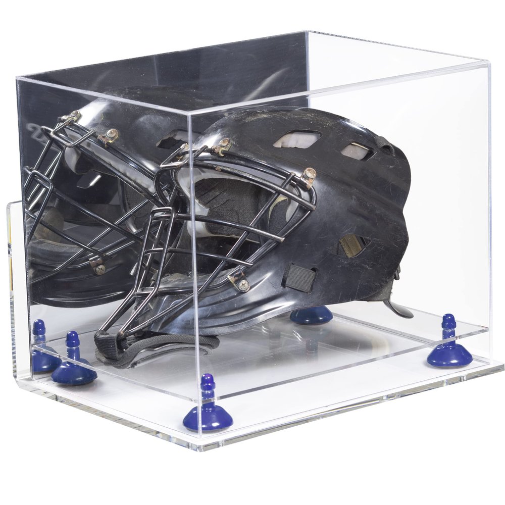 Better Display Cases Clear Acrylic Catchers Helmet Display Case with Mirror Case, Dark Blue Risers, Wall Mount and Clear Base 14.5" x 11" x 12" (V44/A002)