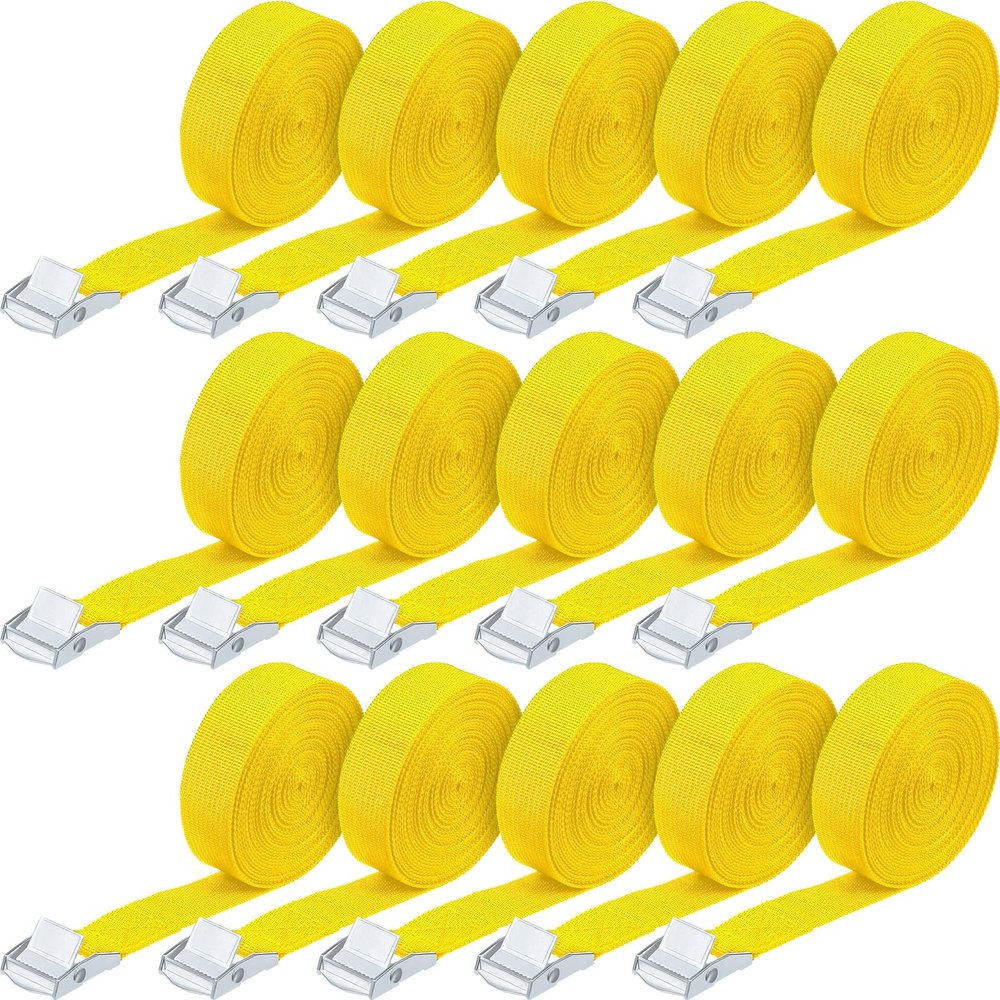 Riakrum 15 Pack 16 Feet Lashing Straps Adjustable Kayaks Tie Down Cam Buckle Straps with Buckles up to 250lbs for Cargo, Luggage, Motorcycles, Truck, Car Roof Rack, Sup Surfboard(Yellow)