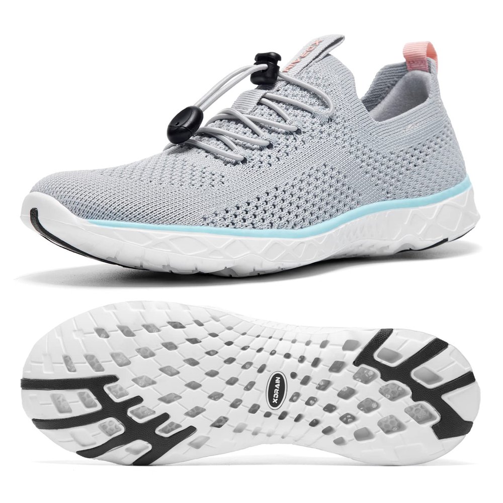 KOLILI Arch Support Aqua Water Shoes Aerobics, Quick Drying Sport Watershoes, Slip on Tennis Sneaker for Walking, Drain Sole Watershoes for Summing Beach Travel Lt Gray/Aqua 7.5