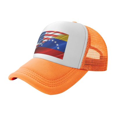 American Venezuela Combined Corrugated Flag Baseball Cap Trucker Hat for Men and Women Adjustable Outdoor Mesh Snapback Hat Orange