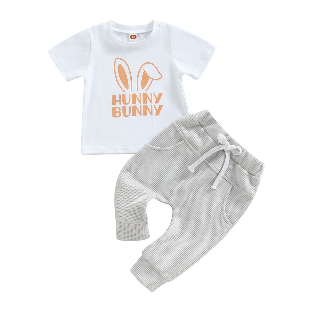 Toddler Infant Baby Boy Easter Outfit Clothes Short Sleeve Bunny Letter Printed T-Shirt Tops and Jogger Pants Set (White Grey, 18-24 Months)