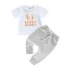Toddler Infant Baby Boy Easter Outfit Clothes Short Sleeve Bunny Letter Printed T-Shirt Tops and Jogger Pants Set (White Grey, 18-24 Months) view 1