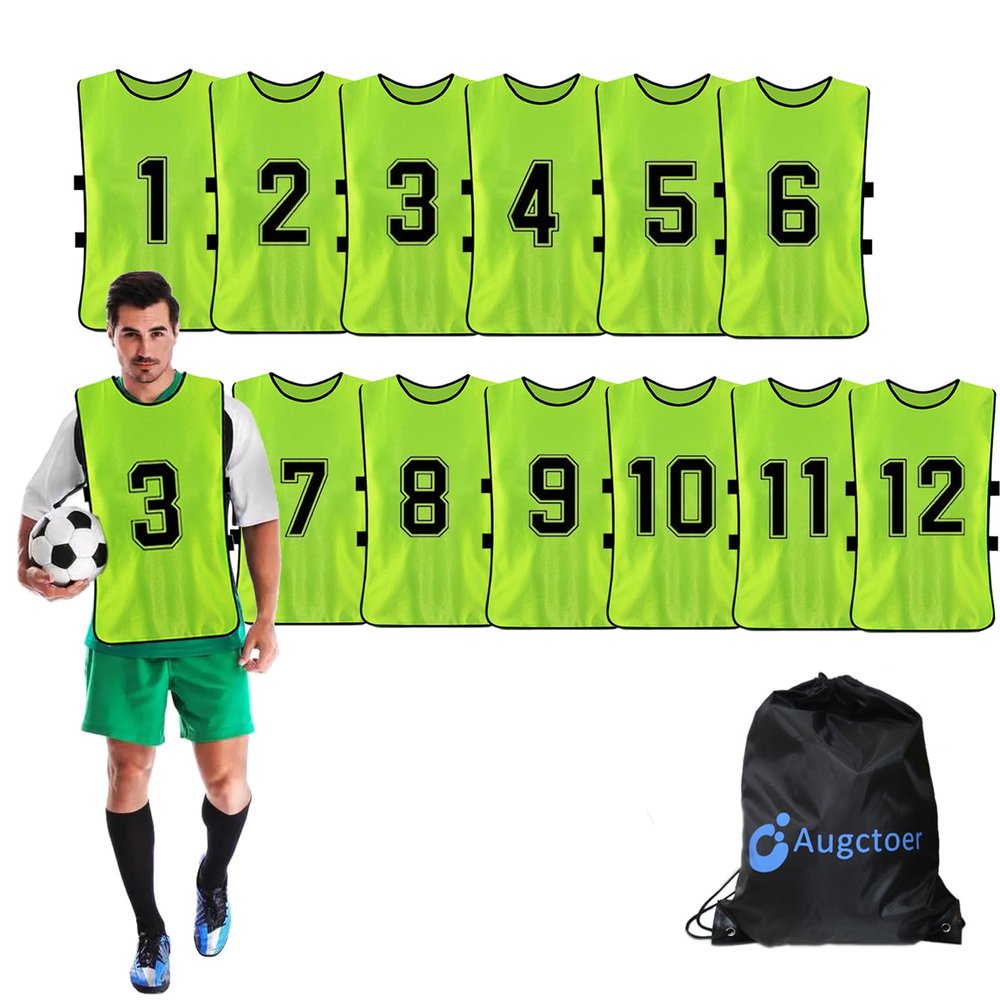 Augctoer Scrimmage Vest Sports Pinnies,Practice Vests,Team Practice Jerseys, Numbered Training Pennies for Sports Youth Adult 12pcs (Green, M)