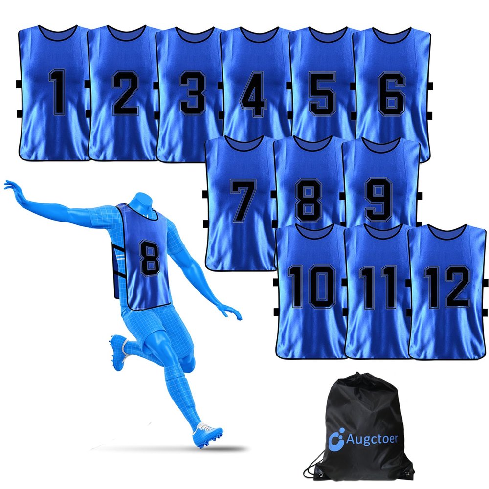 Augctoer Scrimmage Vest Sports Pinnies,Practice Vests,Team Practice Jerseys, Numbered Training Pennies for Sports Youth Adult 12pcs (Blue, L)