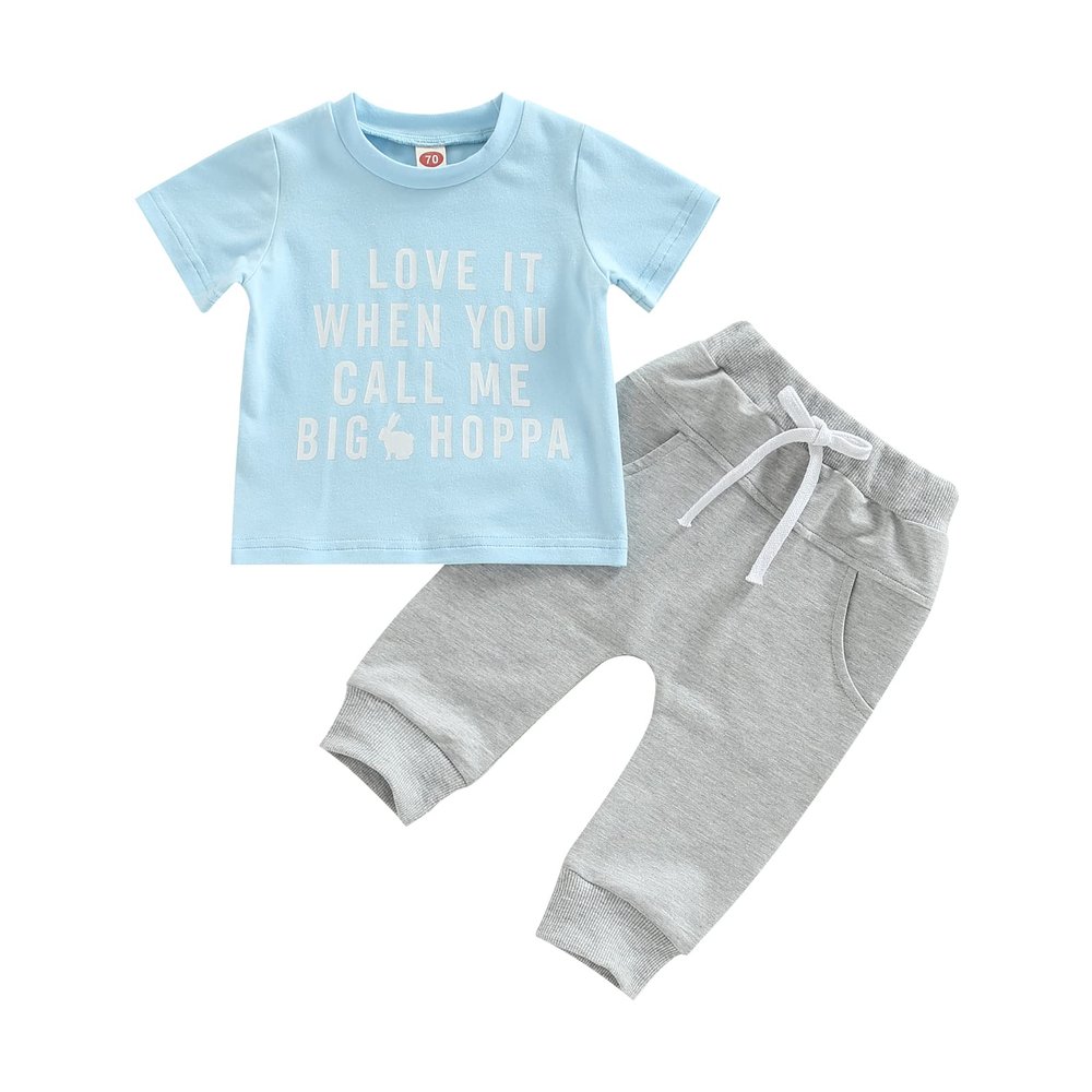 Toddler Infant Baby Boy Easter Outfit Clothes Short Sleeve Bunny Letter Printed T-Shirt Tops and Jogger Pants Set (Blue, 2-3 Years)