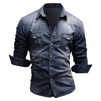 Maiyifu-GJ Men's Long Sleeve Denim Shirt Casual Button-Down Western Regular Fit Shirts Slim Fit Washed Jean Shirt (Dark Blue,Large)