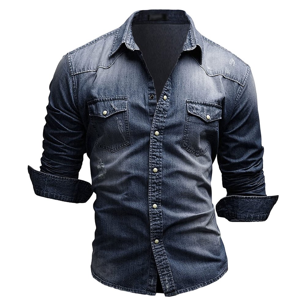 Maiyifu-GJ Men's Long Sleeve Denim Shirt Casual Button-Down Western Regular Fit Shirts Slim Fit Washed Jean Shirt (Dark Blue,Large)
