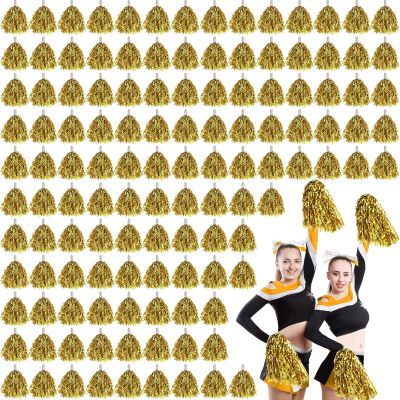 Leyndo 150 Pcs Pompoms Cheerleading Bulk Gold Metallic Foil Pom Poms with Baton Handle Cheerleader Pompoms for Sports Game Squads Dancing Party Football Basketball