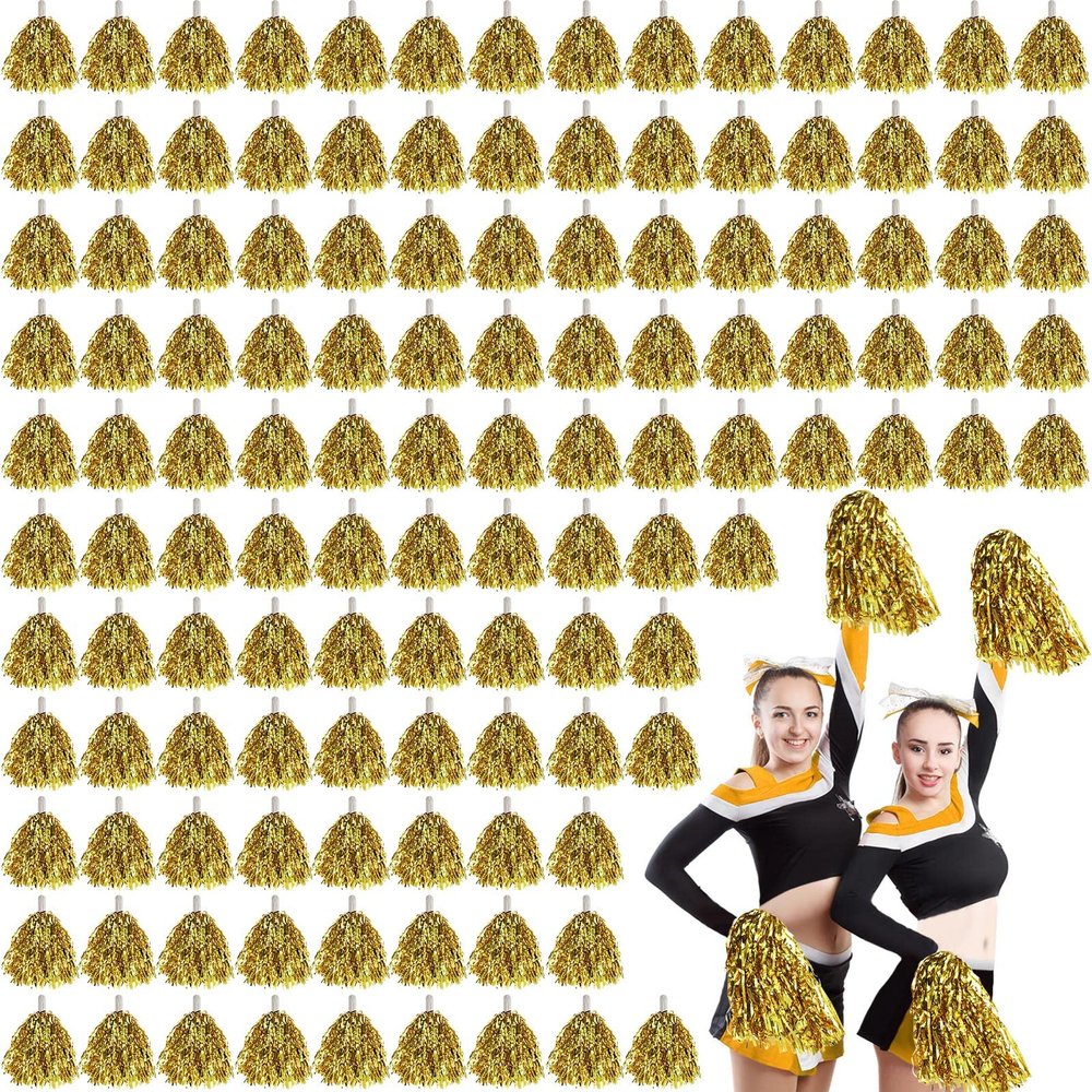 Leyndo 150 Pcs Pompoms Cheerleading Bulk Gold Metallic Foil Pom Poms with Baton Handle Cheerleader Pompoms for Sports Game Squads Dancing Party Football Basketball