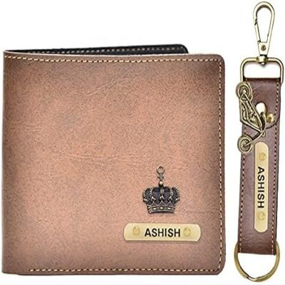 Ahimsa Leather Customized Men's Combo Gift (2 pcs) Leather Wallets and a Key Chain, Brown, Classic