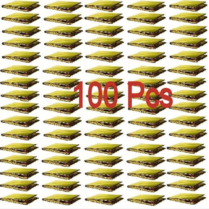 GALAXYLENSE Emergency Mylar Thermal Blanket for Survival First Aid Kits Army Outdoors Hiking Camping Bug Out Trauma Desert All Weather Condition Protection (100 Packs Gold)