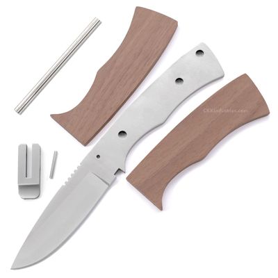 EZSMITH Full Tang Hunting Knife Kit - DIY Fixed Blade Knife Making Series - (Blade Blank, SS Guard & Pinstock w/Pre-machined Walnut Handle Blanks) - (USA Design) - (Gift Boxed) - (by KnifeKits)