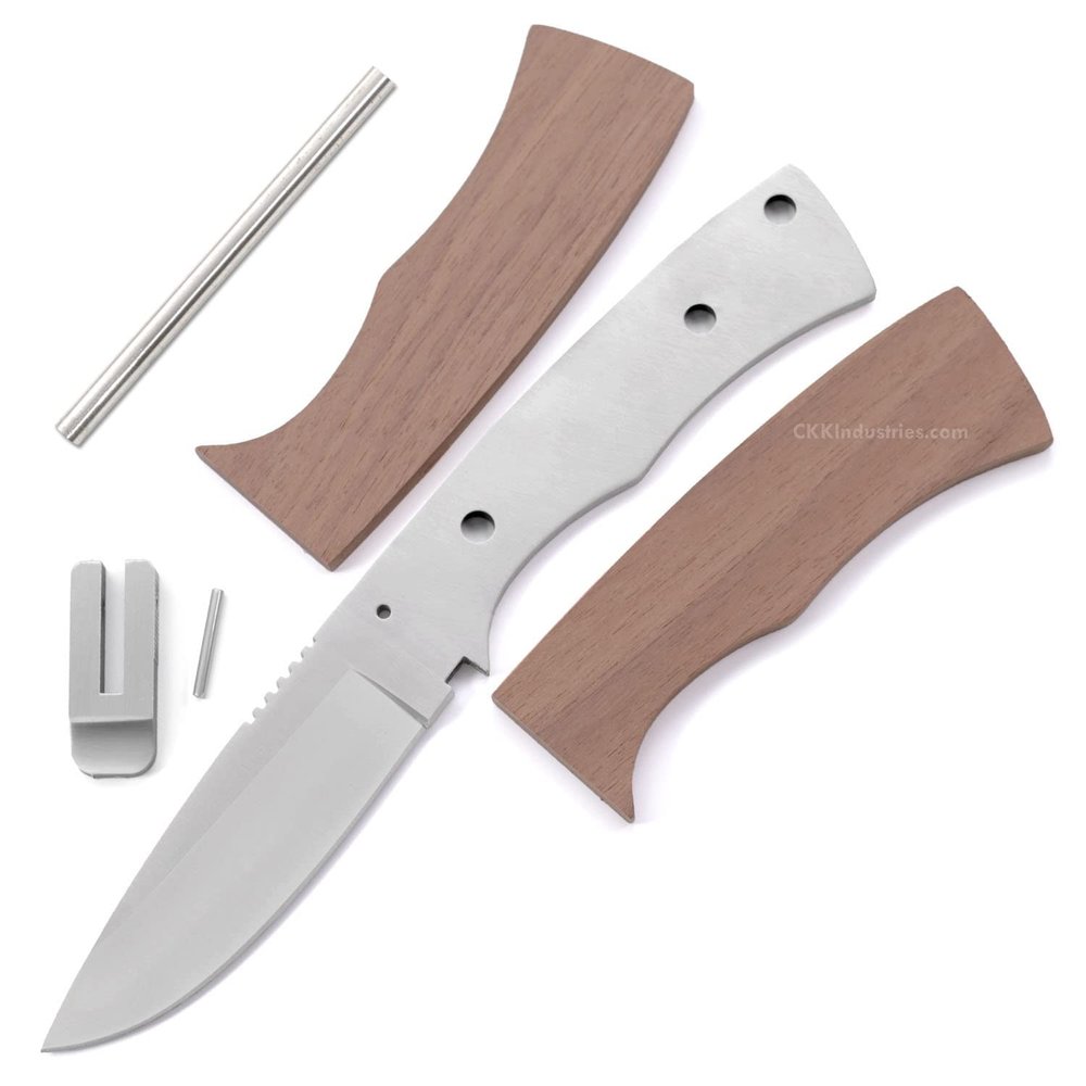 EZSMITH Full Tang Hunting Knife Kit - DIY Fixed Blade Knife Making Series - (Blade Blank, SS Guard & Pinstock w/Pre-machined Walnut Handle Blanks) - (USA Design) - (Gift Boxed) - (by KnifeKits)