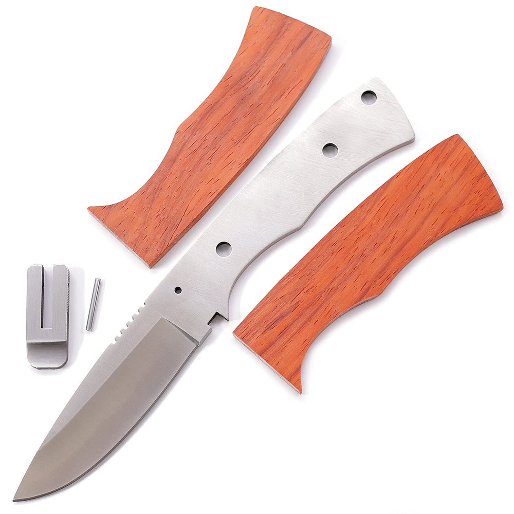 EZSMITH Full Tang Hunting Knife Kit - DIY Fixed Blade Knife Making Series - (Blade Blank, SS Guard & Pinstock w/Pre-machined Padauk Handle Blanks) - (USA Design) - (Gift Boxed) - (by KnifeKits)