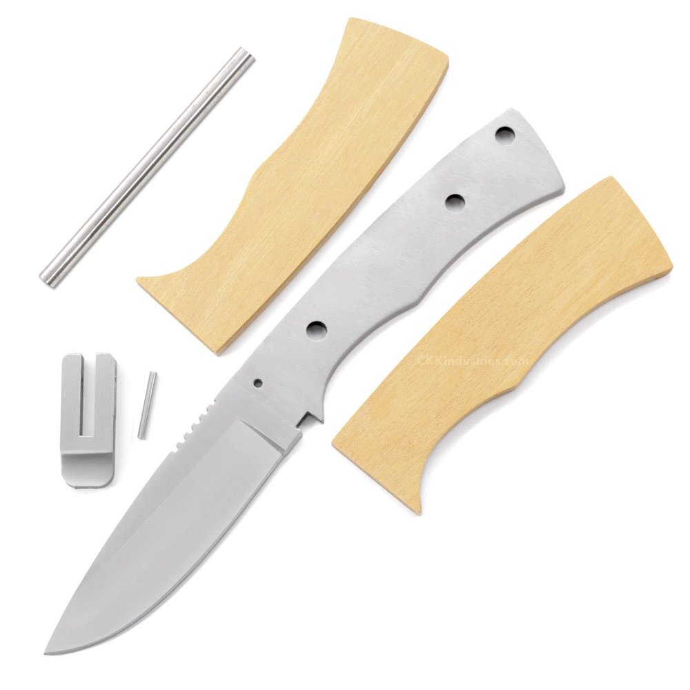 EZSMITH Full Tang Hunting Knife Kit - DIY Fixed Blade Knife Making Series - (Blade Blank, SS Guard & Pinstock w/Pre-machined Yellowheart Handle Blanks) - (USA Design) - (Gift Boxed) - (by KnifeKits)
