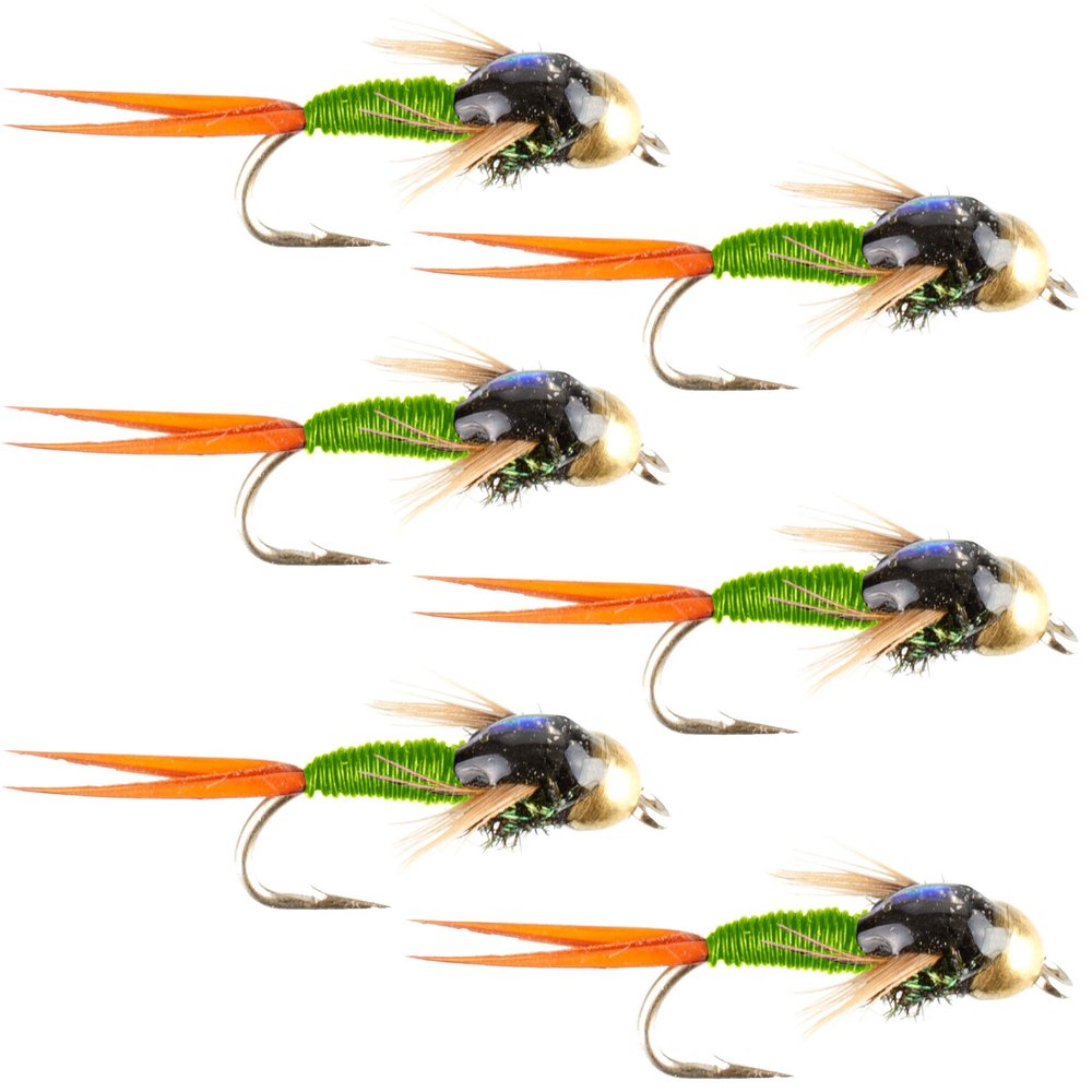 The Fly Fishing Place Tungsten Bead Head Chartreuse Copper John Nymph Fly Fishing Flies - Set of 6 Flies Hook Size 12