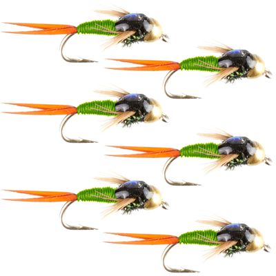 The Fly Fishing Place Tungsten Bead Head Chartreuse Copper John Nymph Fly Fishing Flies - Set of 6 Flies Hook Size 18