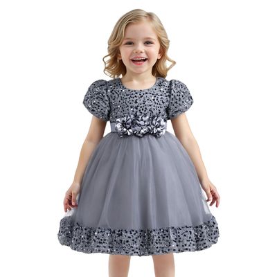 AGQT Infant Girls Sequin Tutu Dress Big Bow-Knot Princess Short Sleeve for Babies Lace Birthday Party Elegant Formal Dress Gray Size 6-12 Months