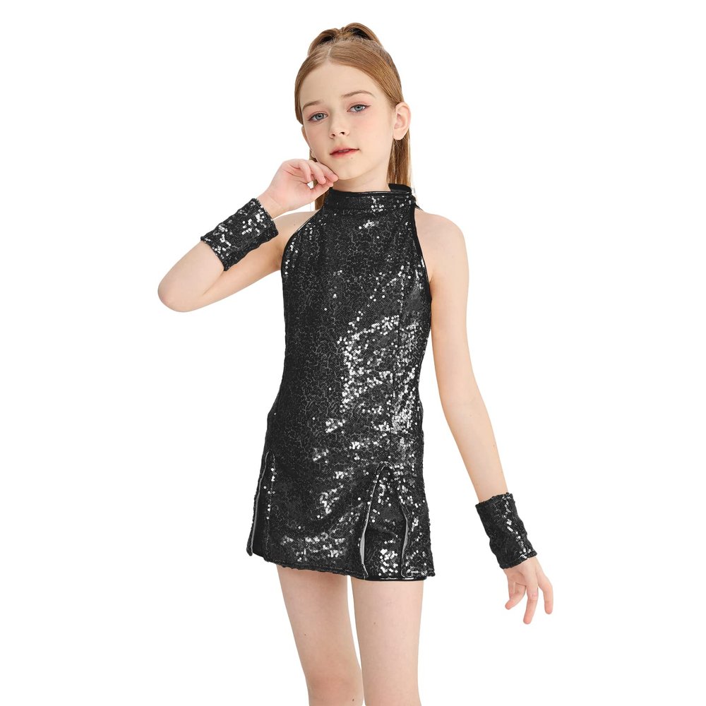 LOLANTA Girls Sequin Dance Dress Sparkle Hip Hop Jazz Dance Outfits Sleeveless Top Shorts (Black, 8-9 Years)