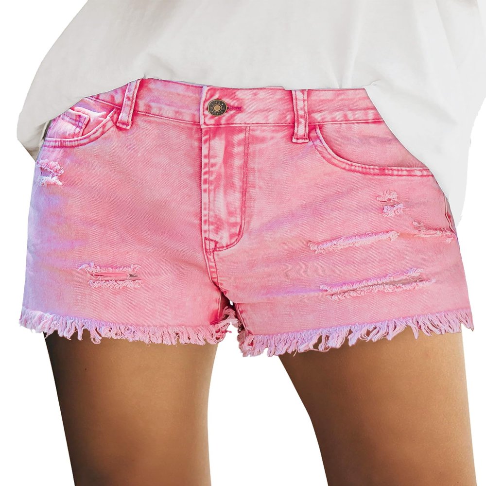 luvamia Jean Shorts Womens Mid Rise Stretchy Cut Off Frayed Denim Shorts Ripped Summer Casual Beach Vacation Clothes Hot Pink(Snow Wash) Size XX-Large Fits US 20-22