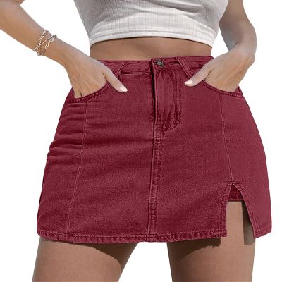 luvamia Skorts Skirts for Women Denim Mini Skirt Side Slit with High Waisted Jean Shorts Stretchy Jean Shorts Womens High Waisted High Waisted Mini Skirts for Women Viva Magenta Rumba Red Small