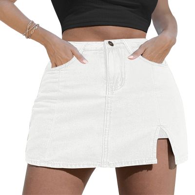 luvamia Skorts Skirts for Women Denim Mini Skirt Side Slit with High Waisted Jean Shorts for Women Stretchy Beach Shorts Brilliant White X-Large Size 16-18