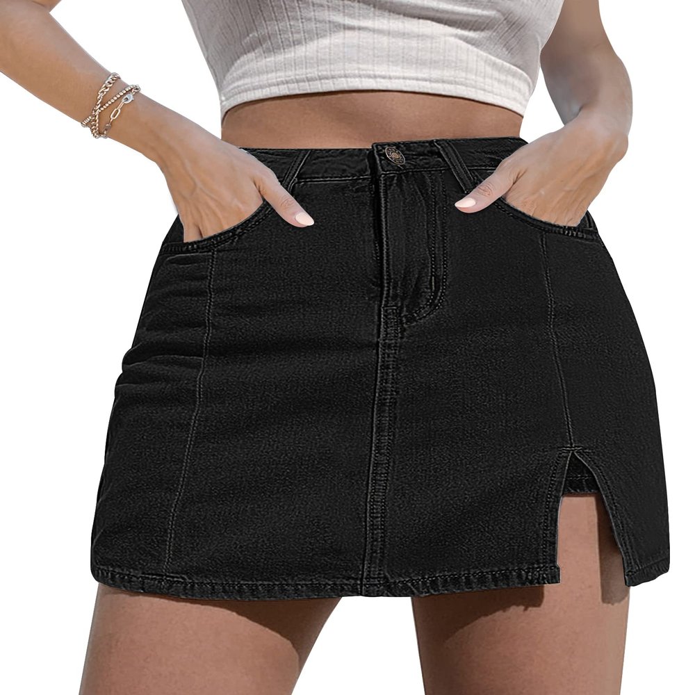 luvamia Skorts Skirts for Women Denim Mini Skirt Side Slit with High Waisted Jean Shorts Stretchy Black Skirt High Waisted Jean Shorts Denim Skorts Skirts for Women Casual Soft Black Size Small