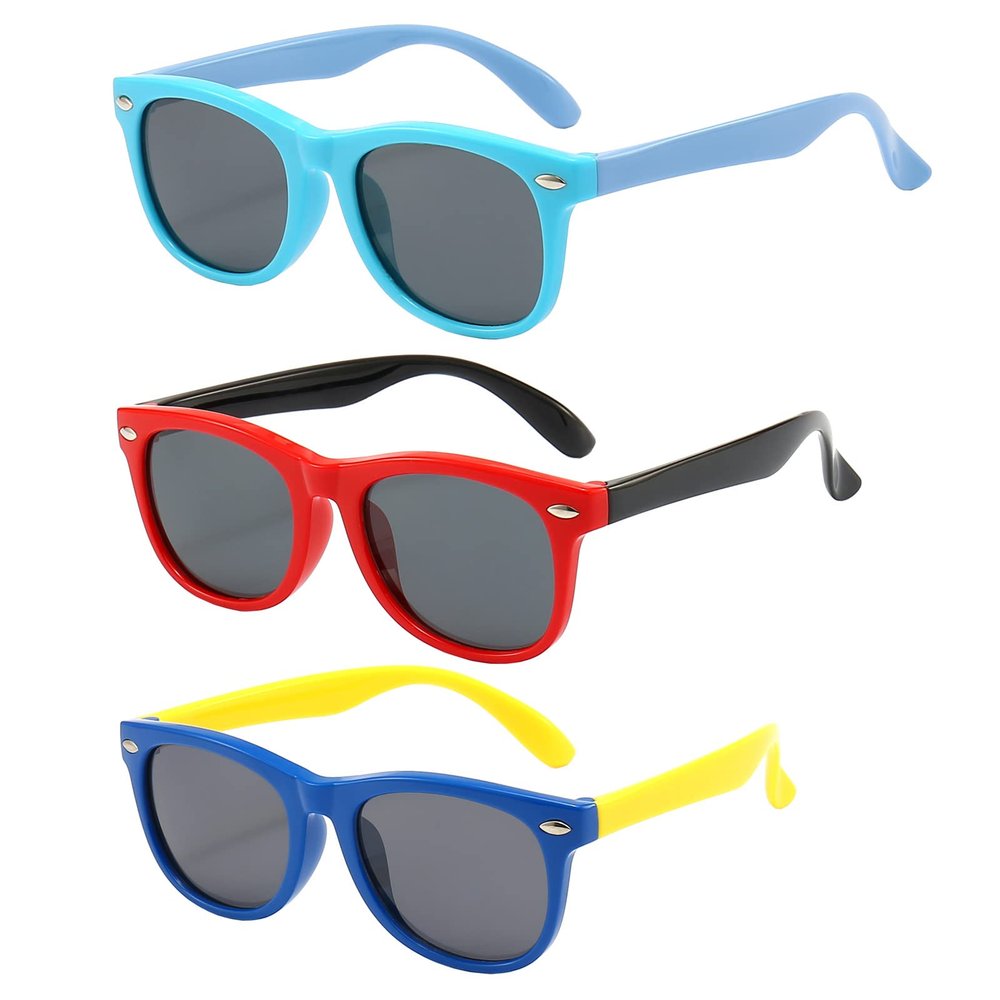 FANNYGO 3 Pack Kids Sunglasses For Boys Girls Kid Sunglass Polarized Children Sunglasses Toddler Boy Girl (Red+blue+light blue)