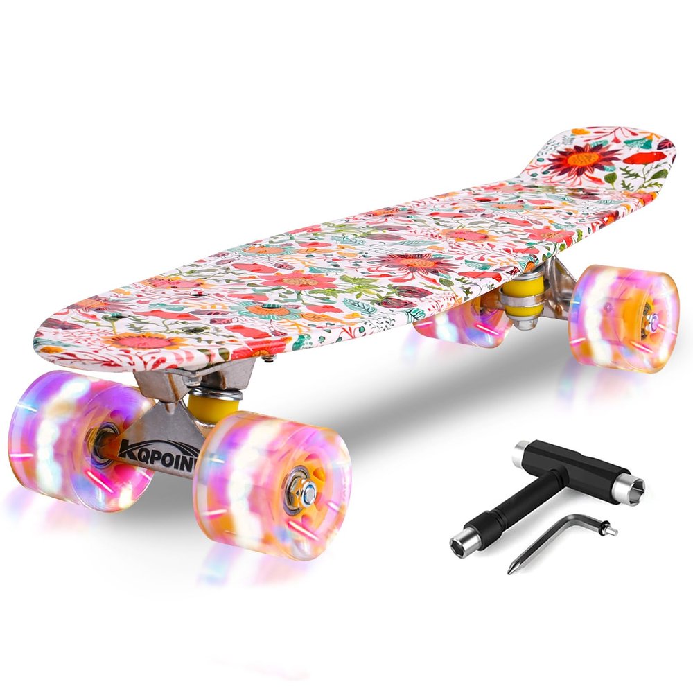 Kqpoinw Kids Skateboard, 22" Complete Skateboards for Kid,Teens,Girls,Beginners,Skate Board,Skateboards with Flower Pattern, Colorful LED Light up Wheels,Skate Tool, Ideal Gift for Girls,Kids