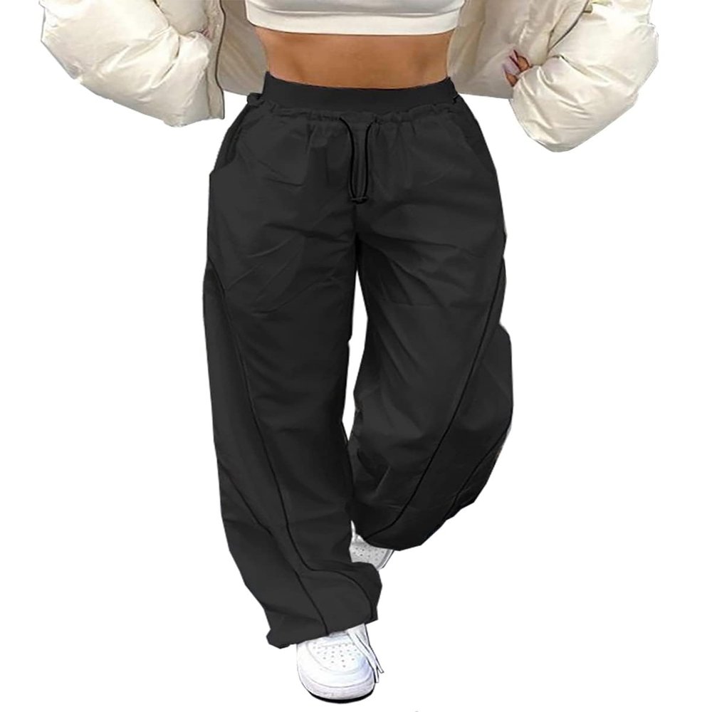 DUKBUBI Parachute Pants for Women Elastic Waistline Drawstring Cargo Pants High-Rise Joggers with Pockets Casual Hiking Pants Black