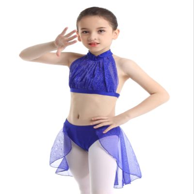 Duoremi Kids Girls Two-Pieces Dance Outfits Ballet Dance Dress Floral Lace Tops and Skirt Modern Dance Dress Blue 2-3 Years