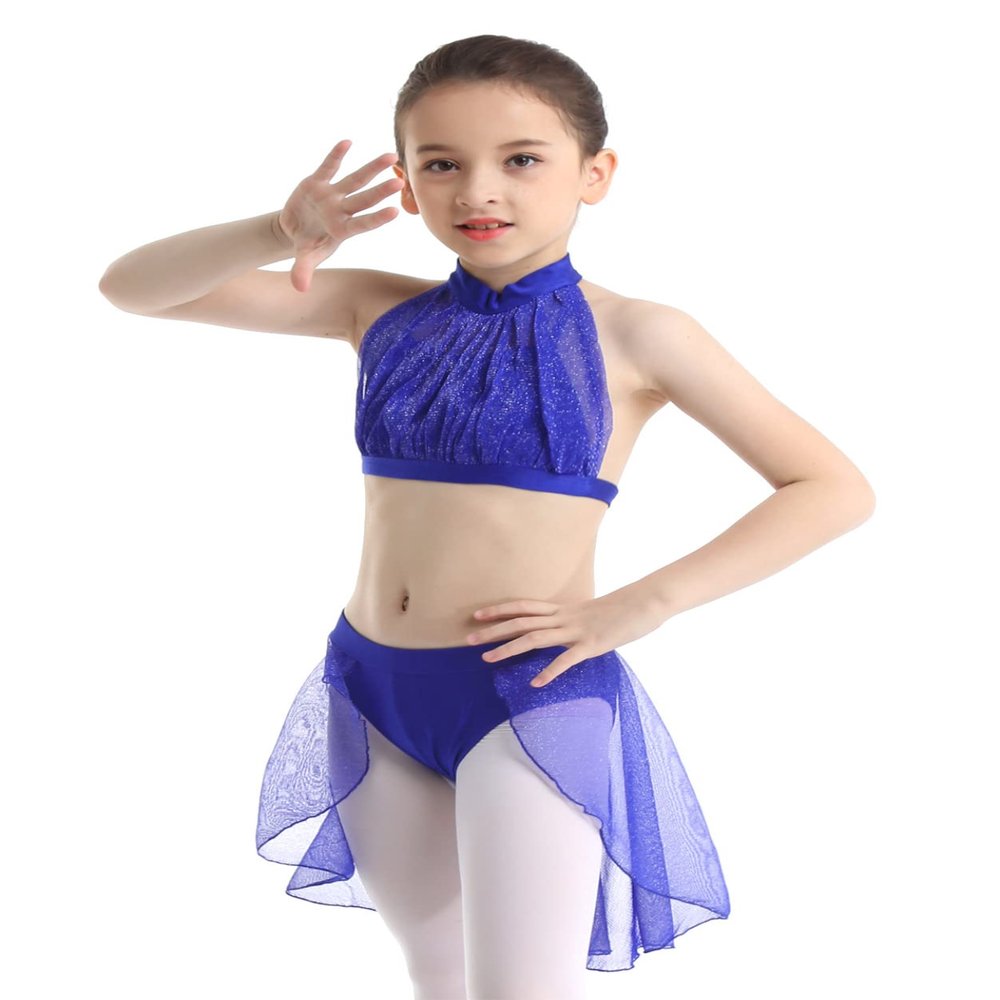 Duoremi Kids Girls Two-Pieces Dance Outfits Ballet Dance Dress Floral Lace Tops and Skirt Modern Dance Dress Blue 2-3 Years