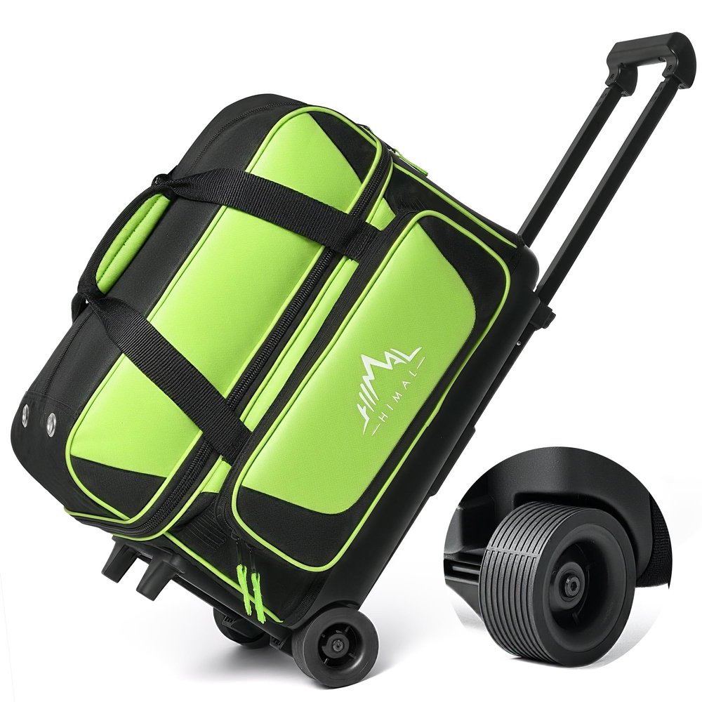 GoHimal Double Roller 2 Ball Bowling Bag with Separate Shoe Compartment for Bowling Shoes (Up To US Mens Size 15) and Oversized Accessory Pocket, Retractable Handle - Extends to 40" (Black-Green)